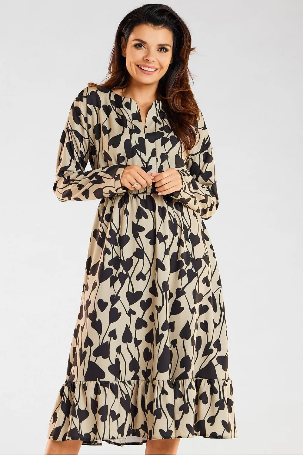 Robe awama femme style décontracté élégant floral automnal couleurs marron beige blanc noir manches longues taille élastiquée