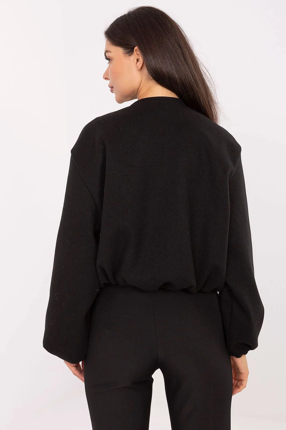 veste courte femme bomber zippée noire maille dense métal doré oversize élastique manches longues bouffantes encolure