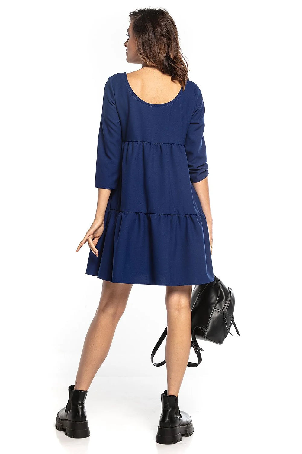 Robe ample polyester élasthanne décontractée élégante manches trois-quarts col rond bleu canard automne femmes