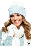 Ensemble accessoires mode pour femme bonnet écharpe gants style élégant intemporel automne hiver couleur blanche bleu pastel motif rayé