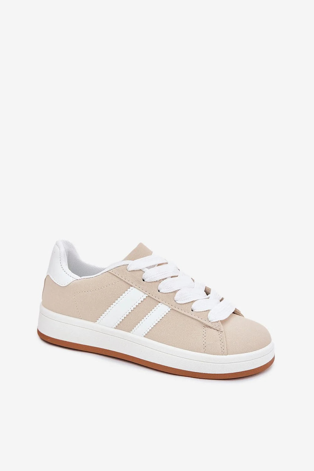 Chaussures de sport pour femmes en cuir artificiel style décontracté beige clair semelle blanche lacées confortable