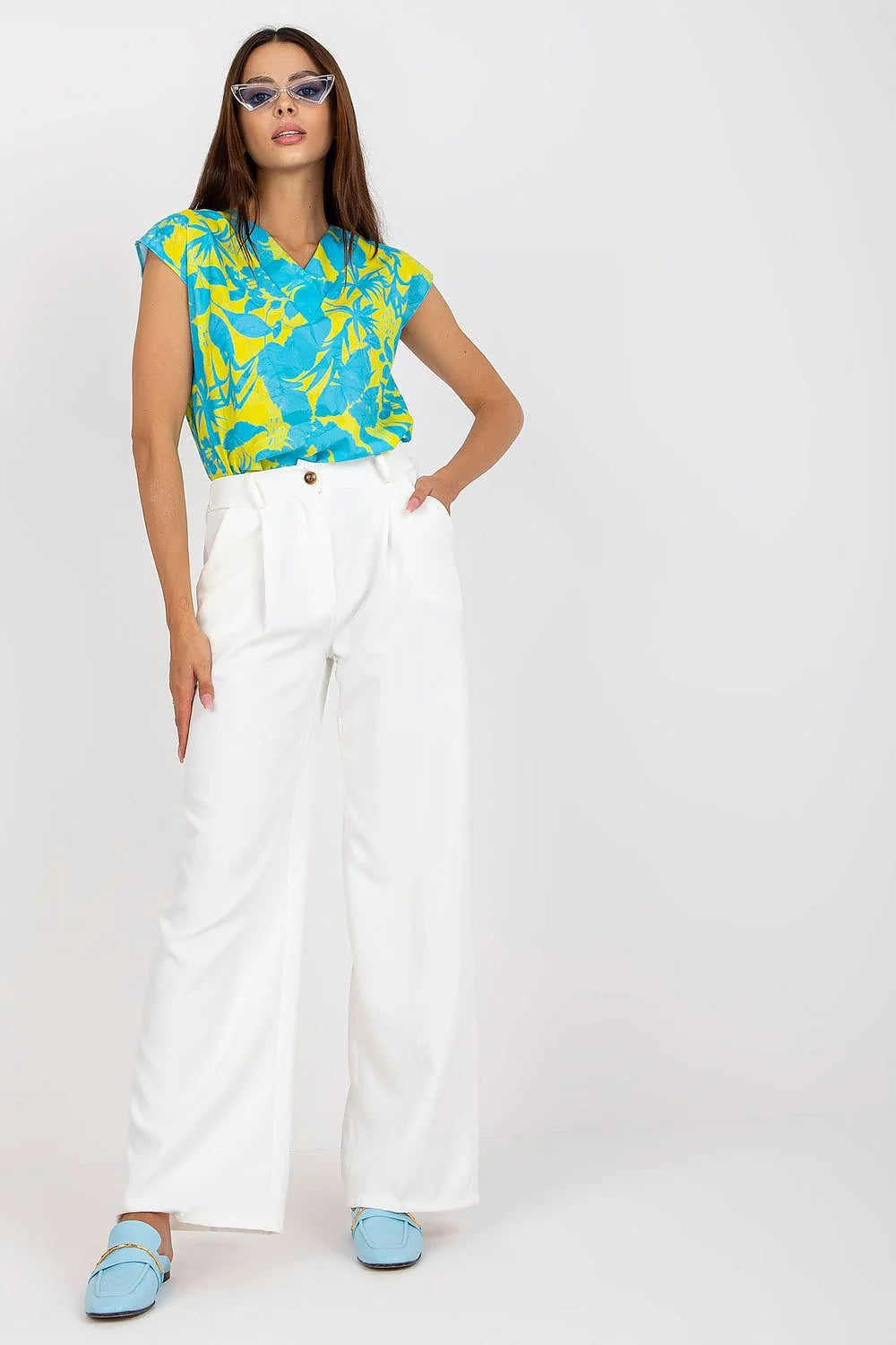 Pantalon femme Italy Moda avec chemisier imprimé floral, blanc, taille haute, élasthanne, polyester, occasion estivale, style chic, coupe évasée