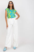 Pantalon femme Italy Moda avec chemisier imprimé floral, blanc, taille haute, élasthanne, polyester, occasion estivale, style chic, coupe évasée