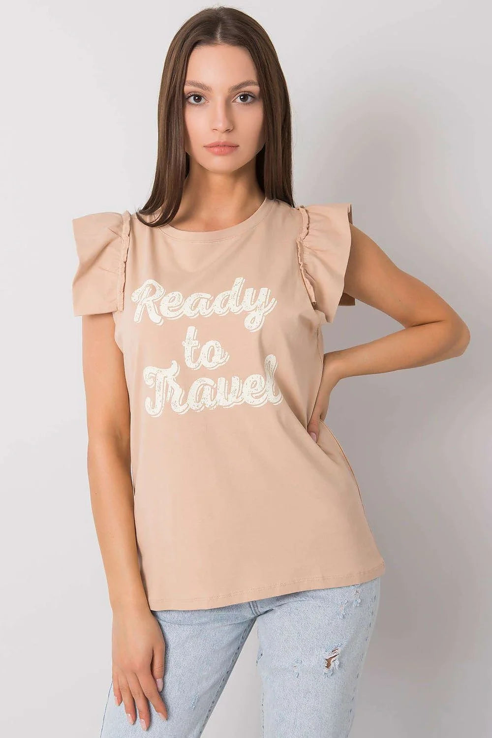 Top mode femme sans manches en coton graphique Ready to Travel ruffle neckline pastel yellow casual chic