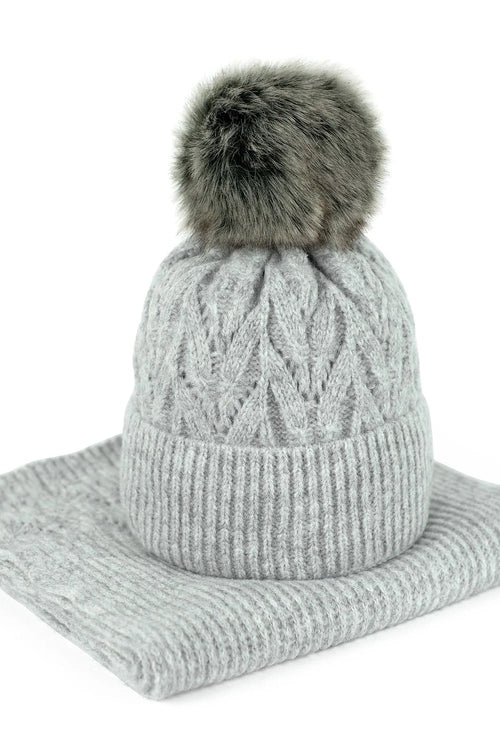 Ensemble acrylique nylon pbt gris motif torsadé pompon fourrure bonnet écharpe col roulé confortable élégant hiver classe tricot