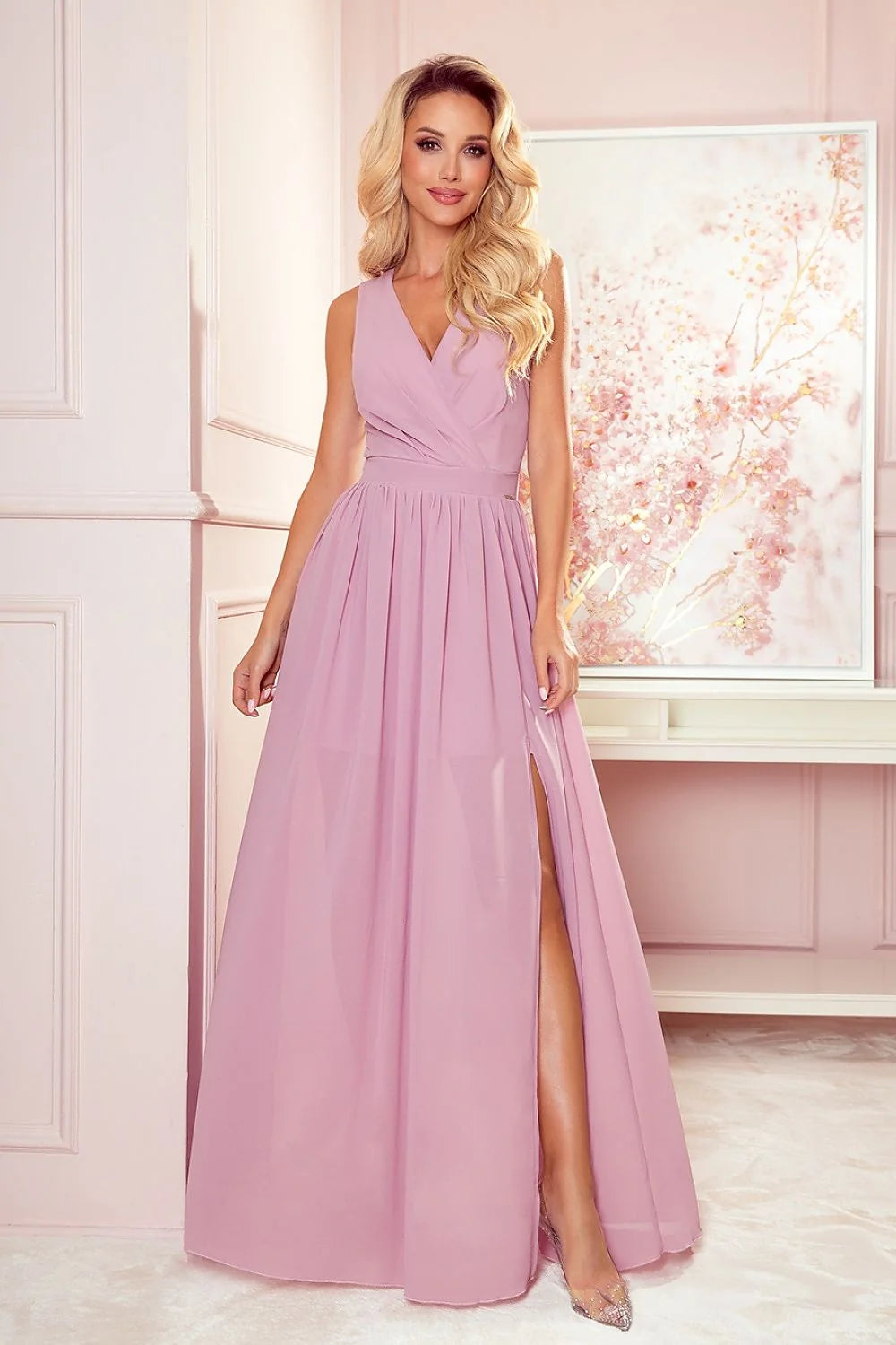 Robe de soirée élégante longue sans manches col V croisé fente haute ceinture intégrée rose poudré femme