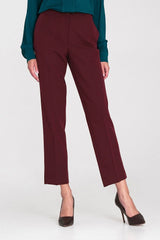 pantalon tailleur bordeaux mihaute coupe ajustée jambe resserrée fente latérale plis pressés tissu structuré mat ceinture plate poches discrètes