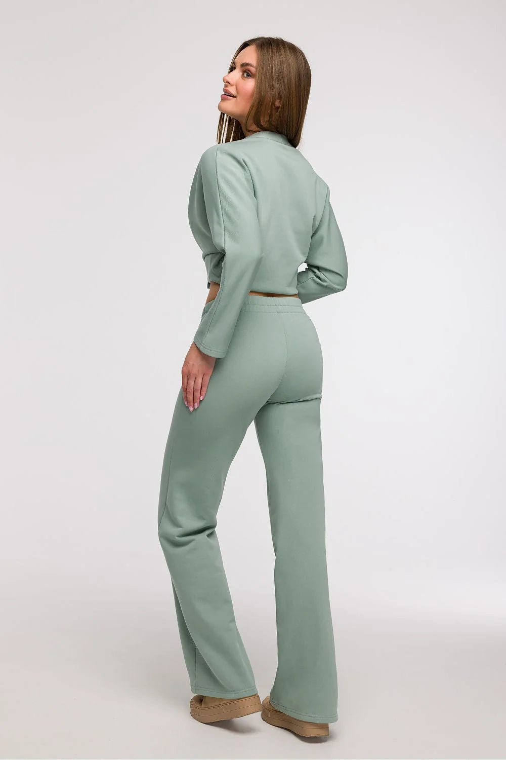 Pantalon survêtement Be Wear femme confortable style élégant vert sauge taille élastique coupe large jambes longues finitions structurées