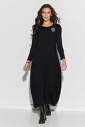 Robe longue ample en viscose noire élégante confortable manches longues ourlet asymétrique style décontracté femme
