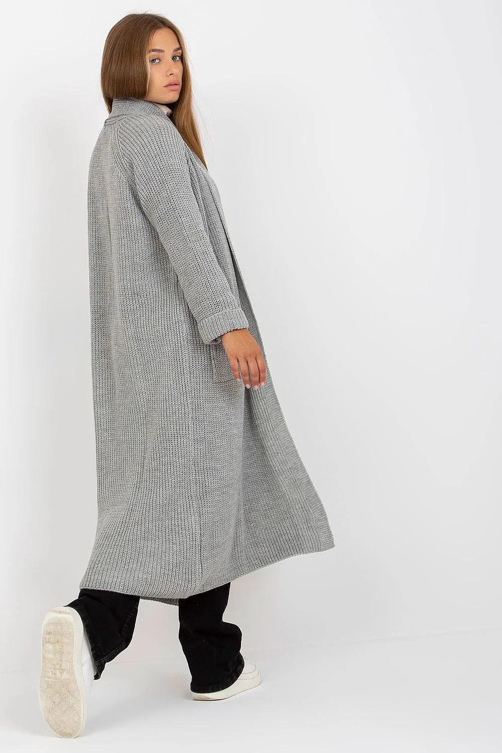 Cardigan long Och Bella maille acrylique 70 laine 30 sans fermeture manches longues poches glissière grise beige noir urban casual tendance