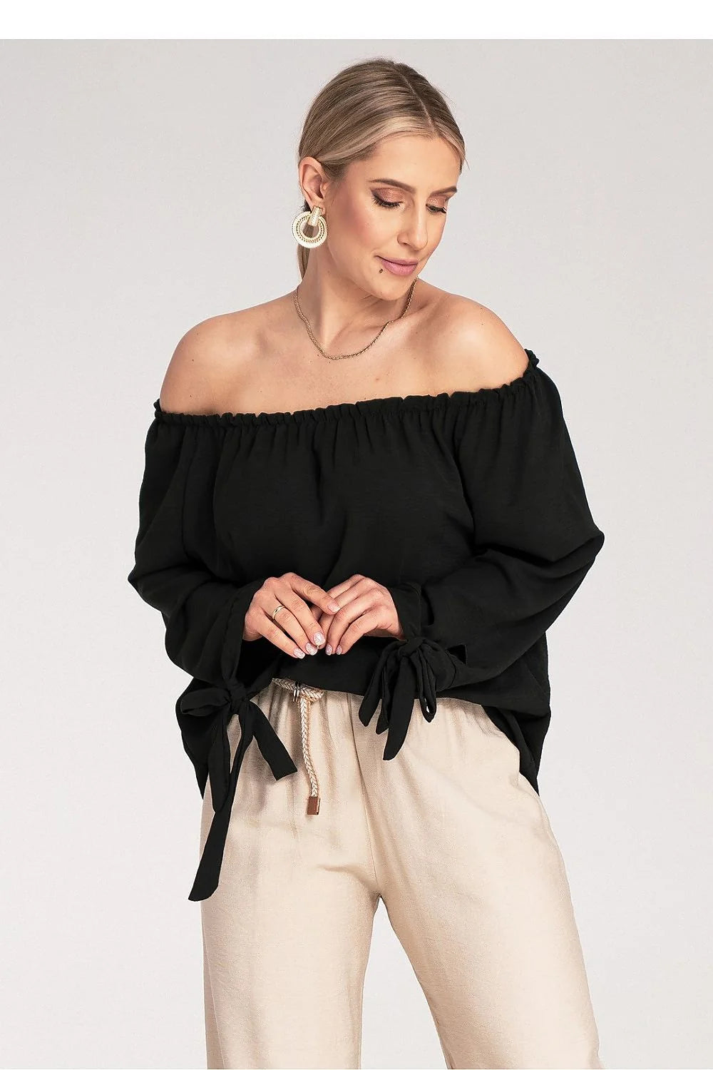 chemisier femme espagnol bardot épaules dénudées manches longues évasées noeuds décolleté froncé fluide léger polyester élasthanne noire élégant sophistiqué
