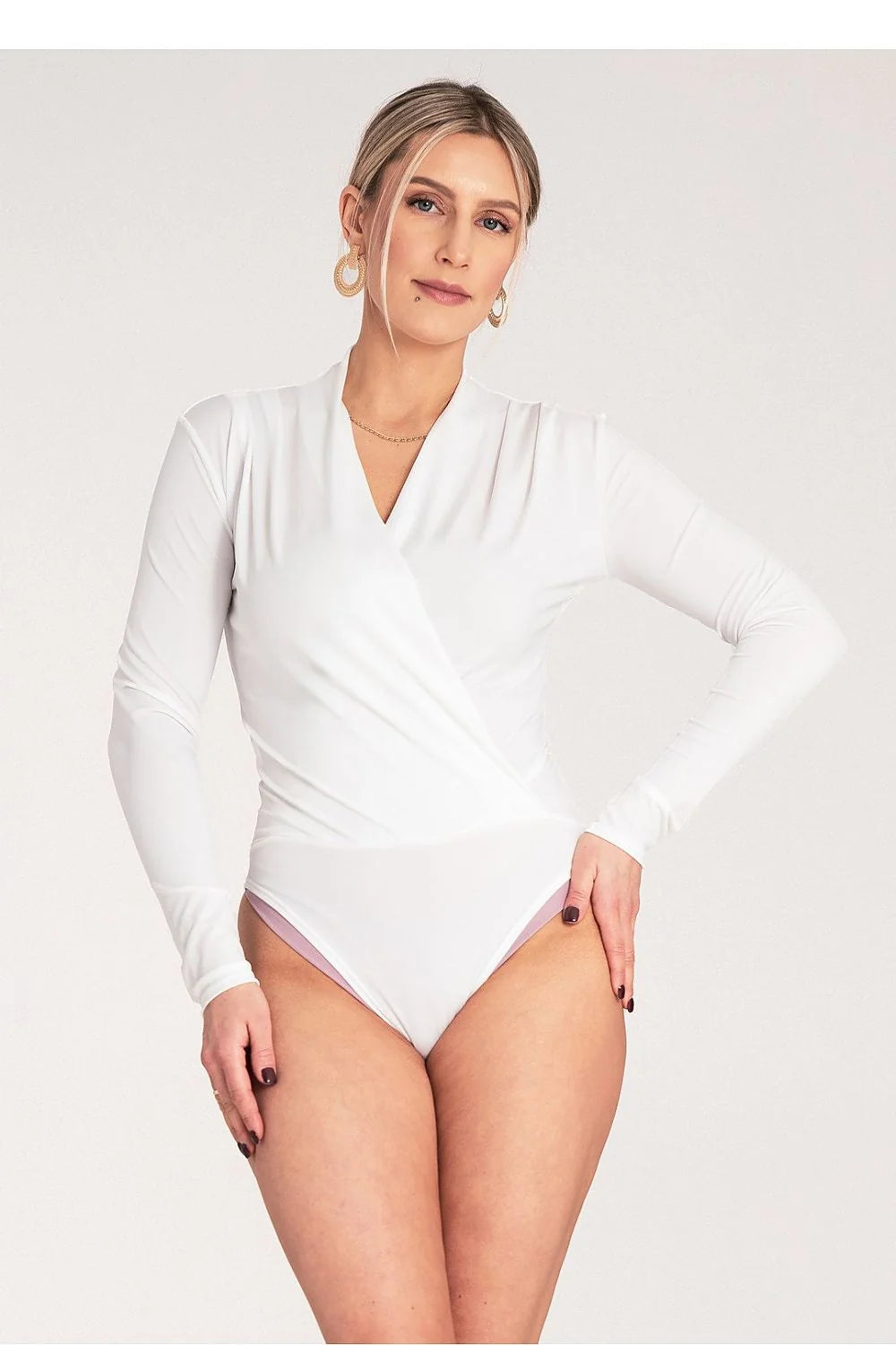 Body élégant pour femmes en blanc manches longues décolleté en V tissu extensible polyvalent jour-soir tailles S/M