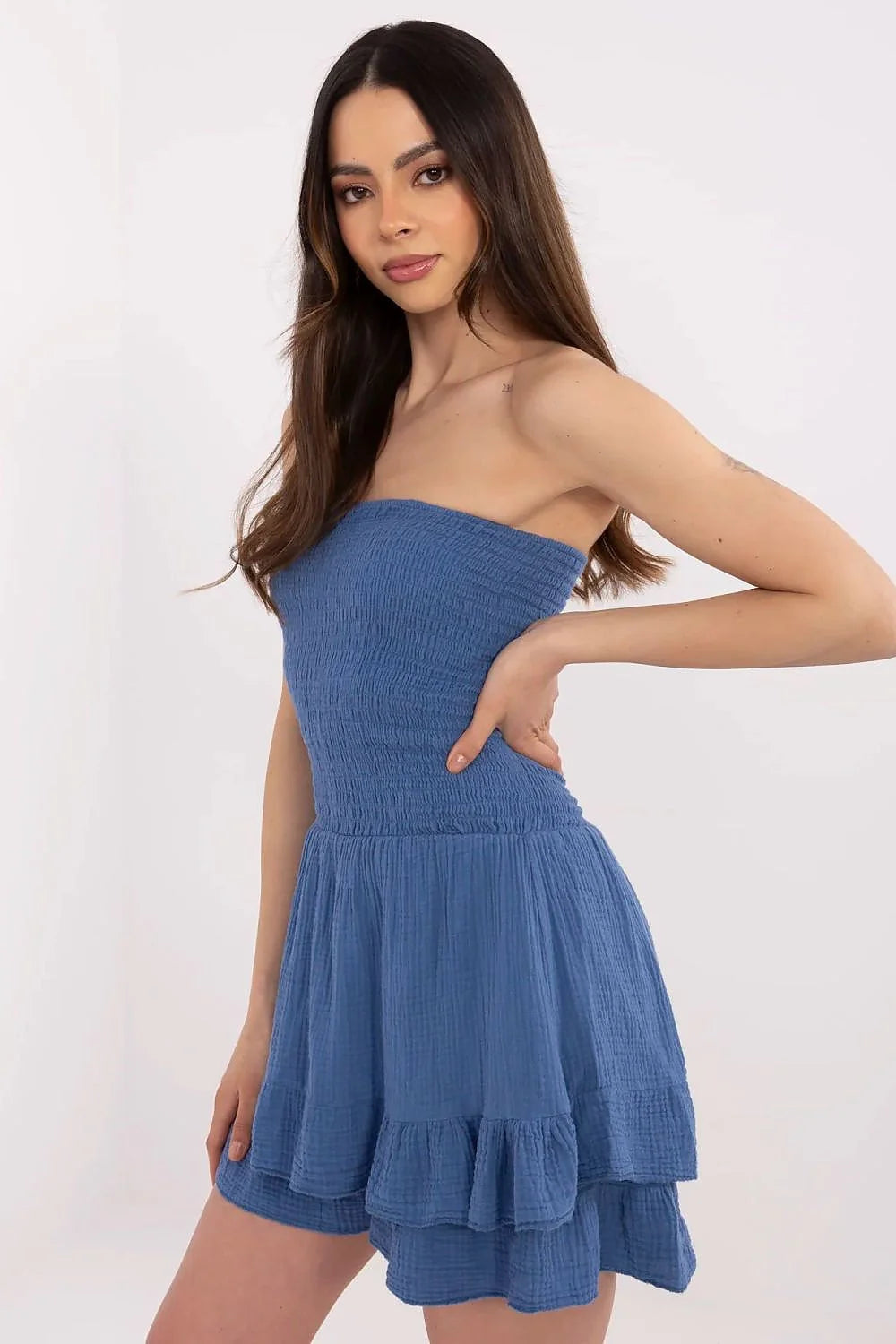 Robe femme élégante moderne bustier sans bretelles smocké bleu taille ajustable volants jupe trapèze coton
