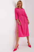 Robe de jour Lakerta, robe droite manches 3/4, taille ajustable, fentes latérales, tissu visco-élasthanne, couleur rose vif, robe élégante et moderne pour femmes