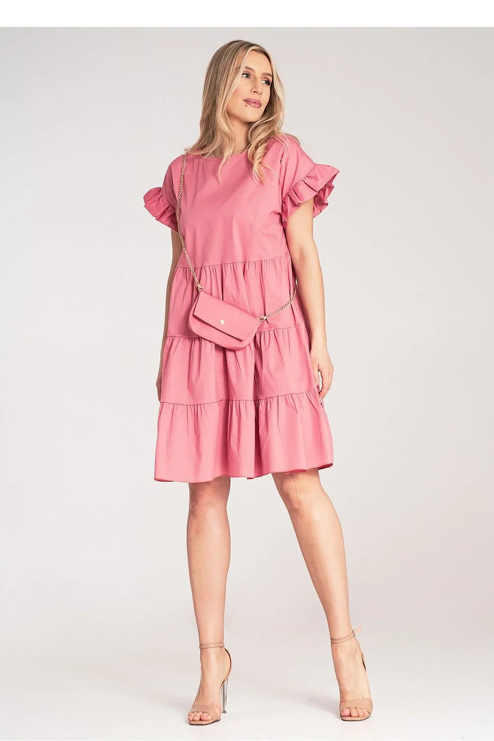 Robe de jour moderne avec volants en coton rose vif pour femme, taille empire, manches courtes, occasion décontractée ou semi-formelle