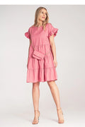 Robe de jour moderne avec volants en coton rose vif pour femme, taille empire, manches courtes, occasion décontractée ou semi-formelle