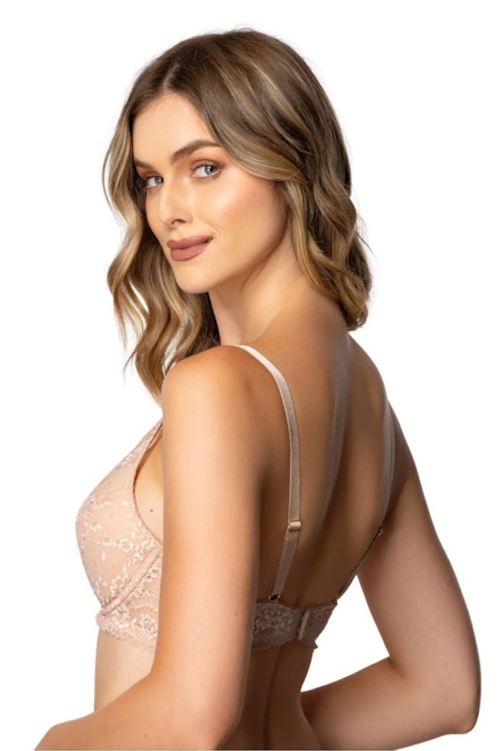 soutiengorge pushup Sonnet beige dentelle florale semitransparent armatures bonnets maintien rembourré bretelles réglables finitions festonnées tulle anneaux côtés