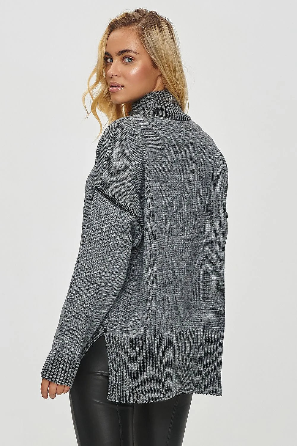 Pull femme col montant coupe ample manches longues tricot mélange laine gris chiné longline fente latérale cosy mode