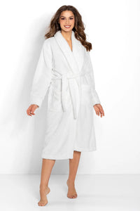 Peignoir microfibre blanc col châle manches longues coupe ample ceinture incluse détente maison femme