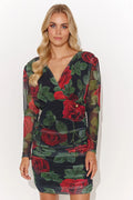 Makadamia robe courte moulante femme maille semitransparent stretch manches longues cachecoeur plongeant taille froncee imprimé roses rouges feuilles vertes noir