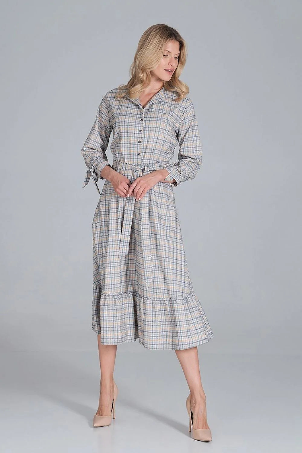 Robe élégante en polyester bleu ciel, style décontracté chic, manches longues, ceinture pour femme