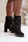 Bottes à talons femmes élégantes moderne design en suédine écologique fermeture éclair tige structurée couleur noire talon carré hauteur 9cm automne-hiver confort