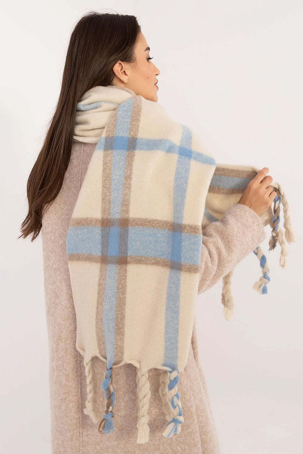 Châle écharpe hiver élégant pour femme en polyester motif rayures verticales franges beige bleu taupe