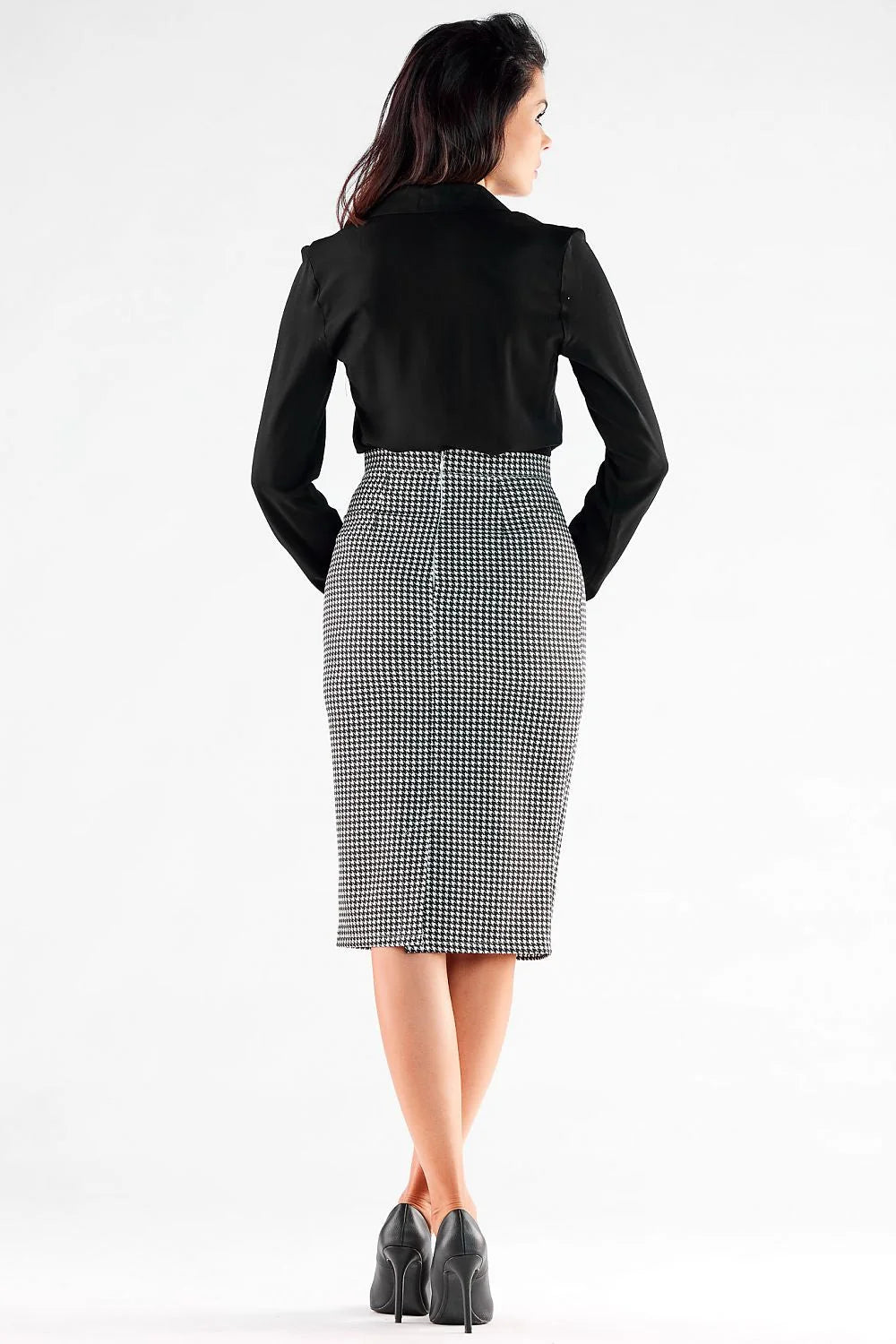 jupe crayon midi pieddepoule noir blanc taille haute coupe ajustée genou doublure extensible polyester viscose elasthanne polonaise élégante professionnelle chic