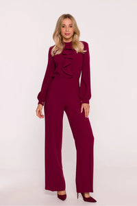 combinaison pantalon femme bordeaux taille haute ajustée jambes larges longiligne encolure montant volant frontal manches bouffantes poignets boutonnés dorés