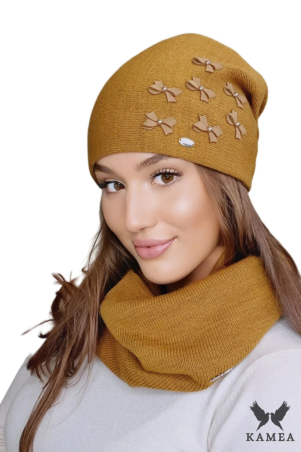 Bonnet et col tricotés CYRIA jaune moutarde femme automne hiver élégance style casual chaleur douceur