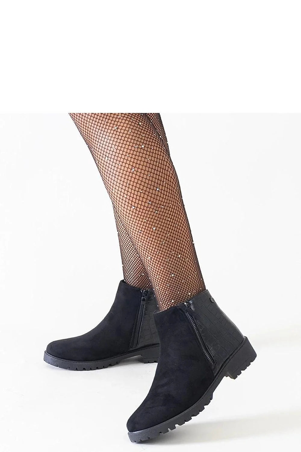 Bottes modernes élégantes effet croco suédine noire fermeture éclair latérale bout en amande hauteur sur la cheville talon plat femmes
