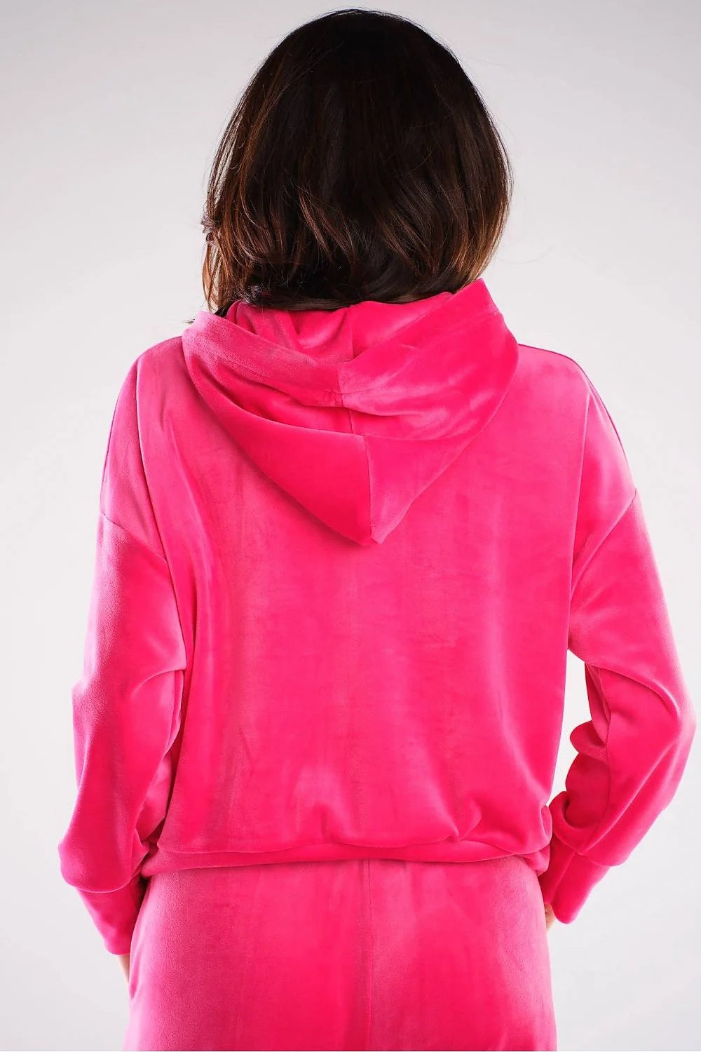 Sweatshirt femme velours rose vif style décontracté chic confortable coupe ample capuche poches pratiques