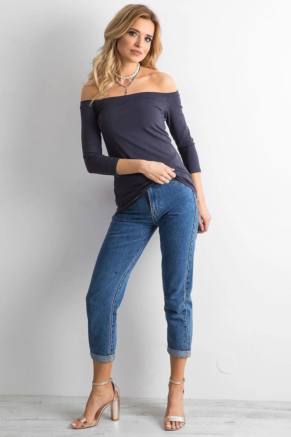 Chemisier coton élasthanne bardot épaules dénudées bleu marine élégant coupe ajustée femmes modernes