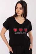 T-shirt pour femmes en coton motifs cœur sequins Forever Love style décontracté manches courtes encolure V noir