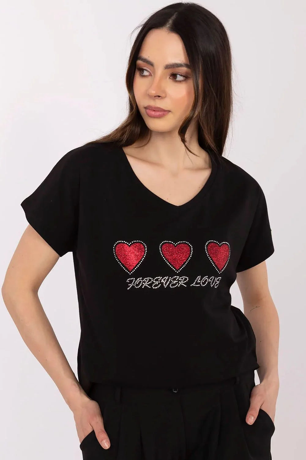 T-shirt pour femmes en coton motifs cœur sequins Forever Love style décontracté manches courtes encolure V noir