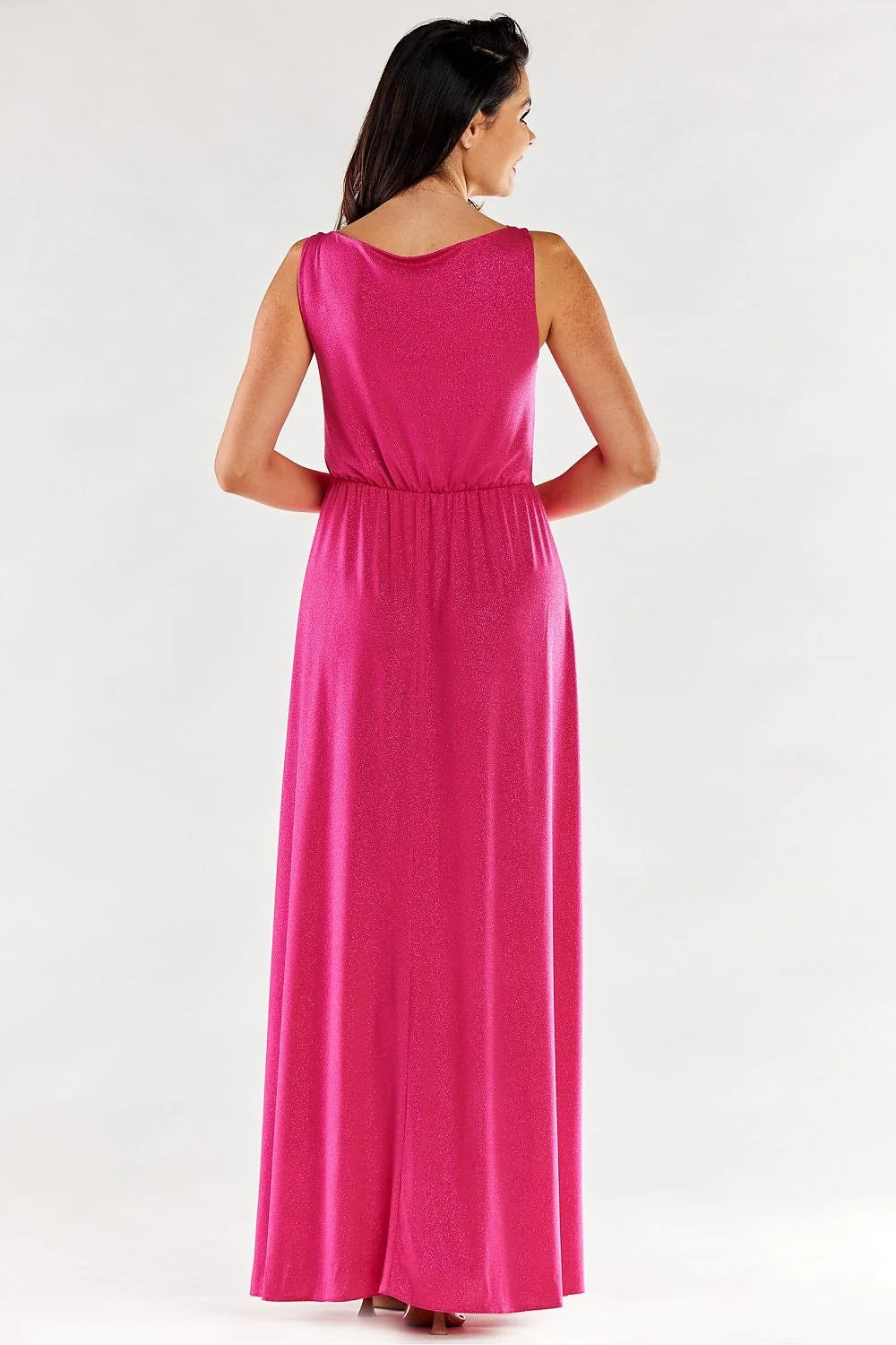 robe longue fuchsia drapée décolleté bénitier bretelles fines fente haute latérale taille élastique stretch scintillant fluide soyeuse cintrée glamour cérémonie