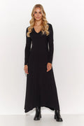 Robe de jour Makadamia longue en viscose noire encolure V manches longues taille ajustée robe élégante pour femme
