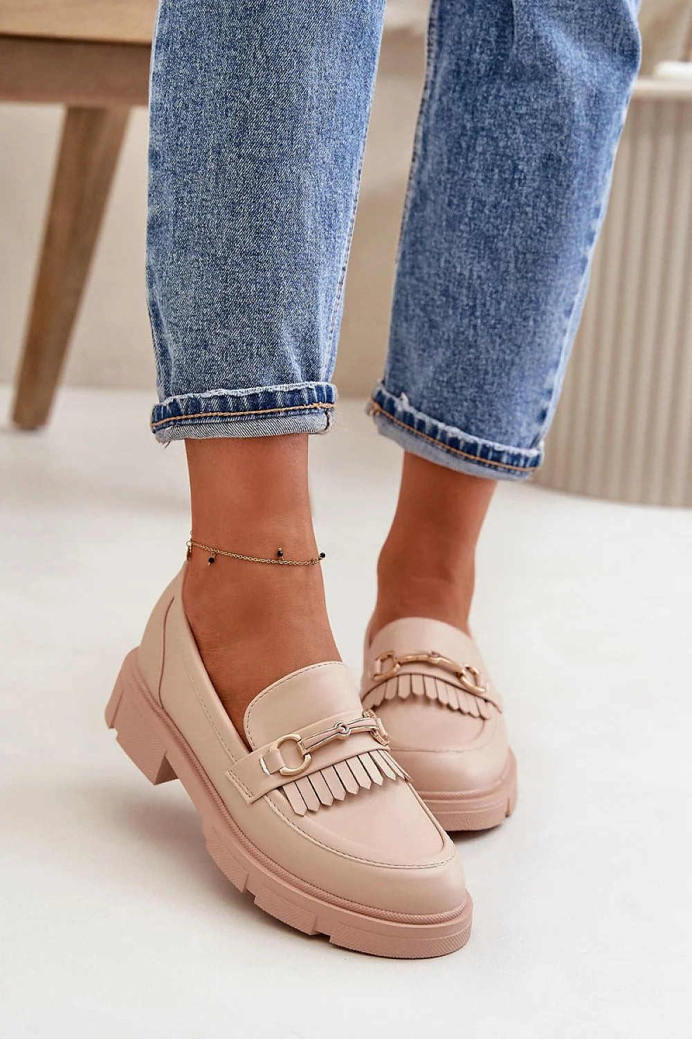 Moccasins Step in style cuir artificiel doré franges beige nude talon 4cm semelle épaisse femmes printemps automne