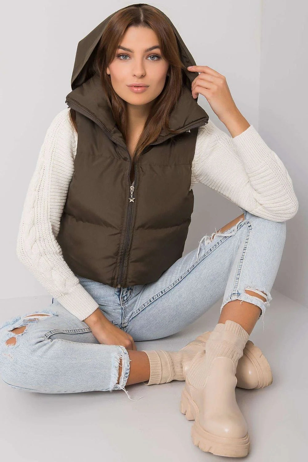 Gilet matelassé femme polyester style urbain chaud imperméable sans manches col montant élégant hiver