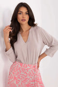 Tenue féminine élégante blouse chemisier sublevel jupe évasée motif floral rose taupe viscose écolo femmes occasion décontractée professionnelle