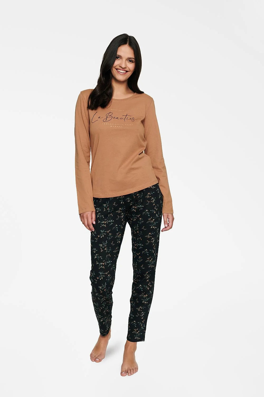 Ensemble pyjama femme 3 pièces coton doux manches longues encolure ronde imprimé poitrine short ou pantalon long