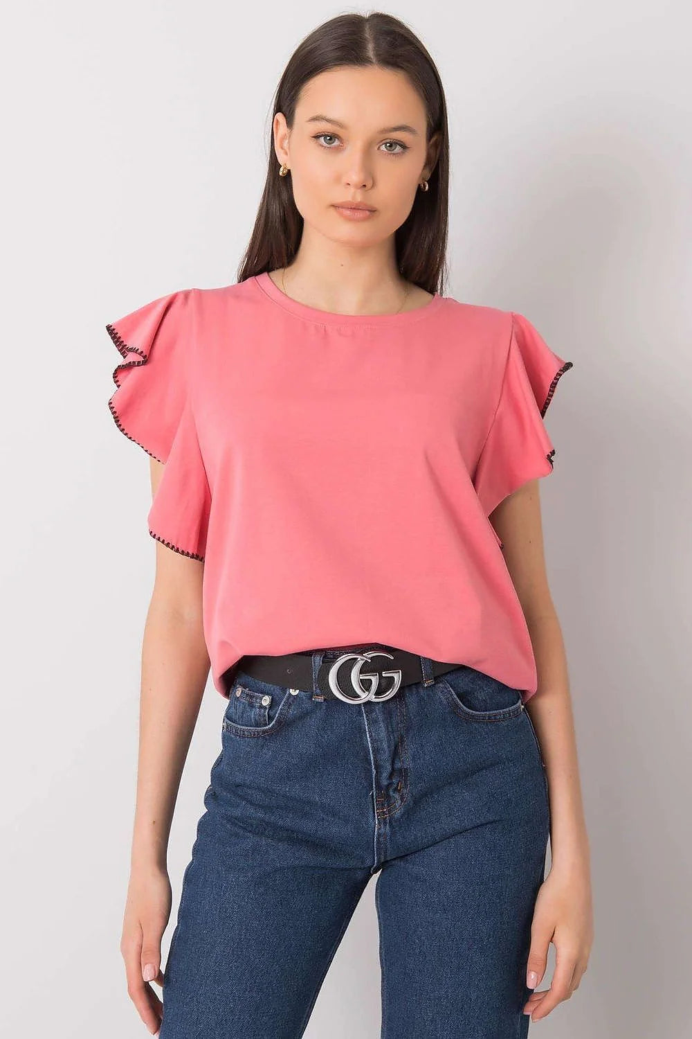 chemisier fancy élégant manches volants coton stretch confortable respirant coupe ample fluide col rond finition noire contrastée polyvalent féminin