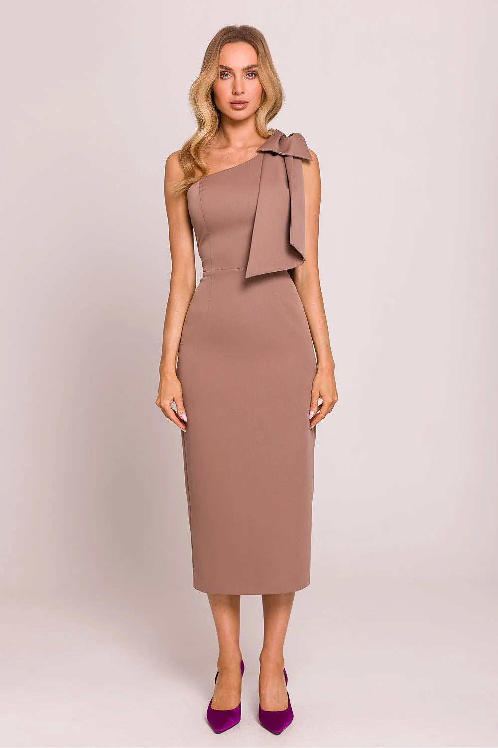 Robe de cocktail élégante asymétrique épaule unique nœud taupe polyester doublure partielle fermeture éclair cache ajustement parfait