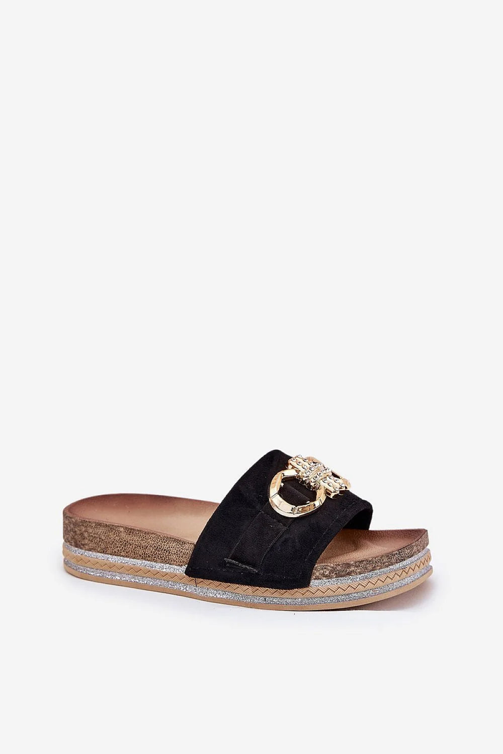 sandales mules plateforme femme suédine noire bout ouvert slipon enfiler chic décontracté doré strass semelle liège jute rembourrée