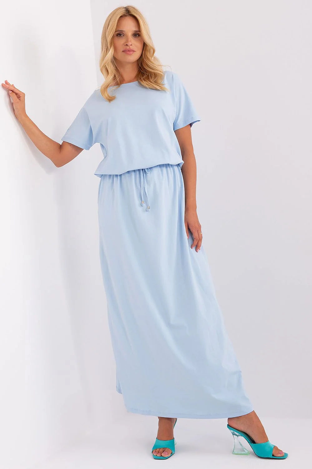 Robe de jour Relevance : Robe maxi été bleu clair coton élasthanne manches courtes encolure ronde taille ajustable femme