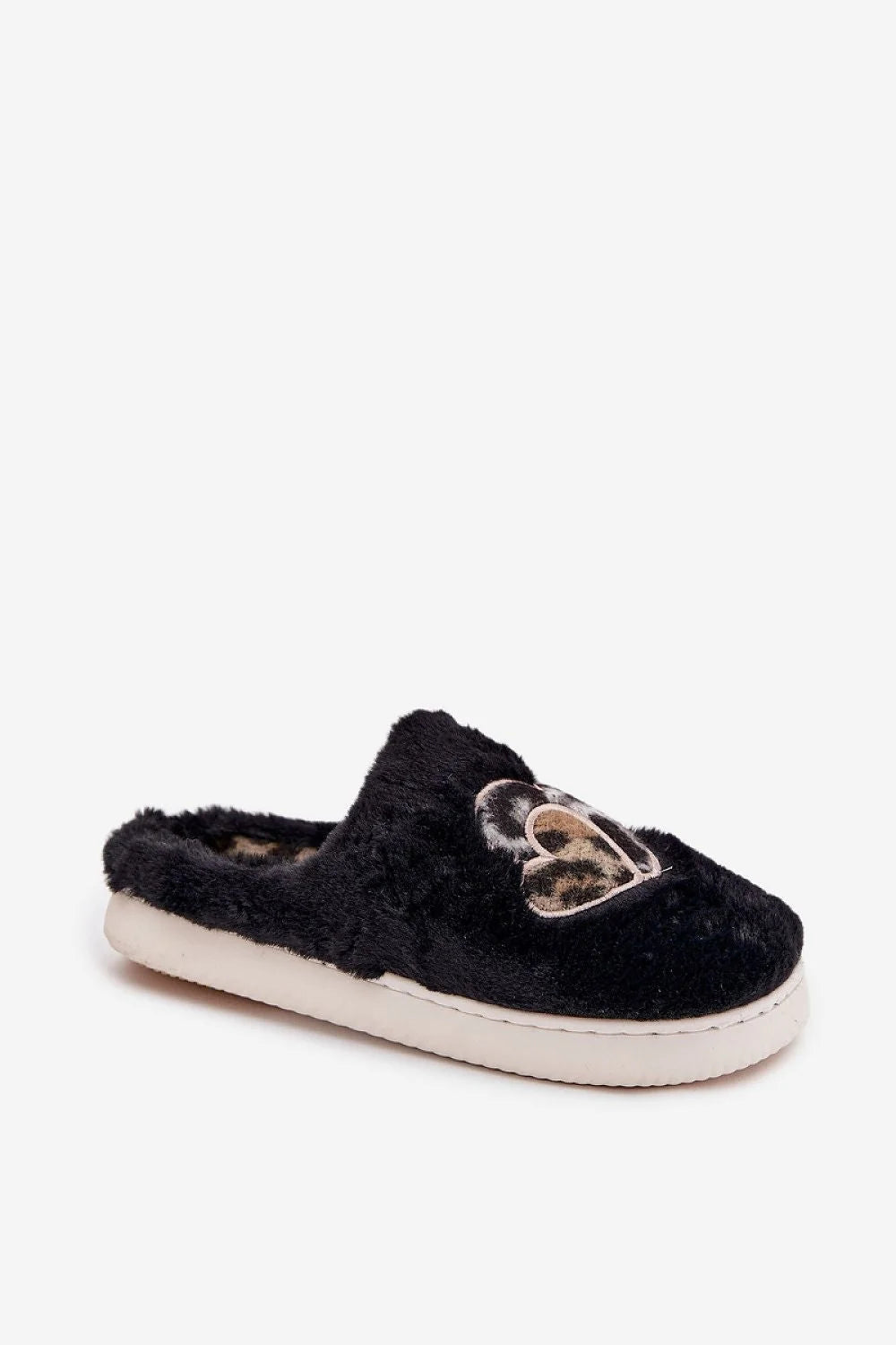 pantoufles mules femmes fourrure synthétique noires doublure moelleuse semelle blanche épaisse confort cocooning broderie double cœurs imprimé léopard slipon cosy