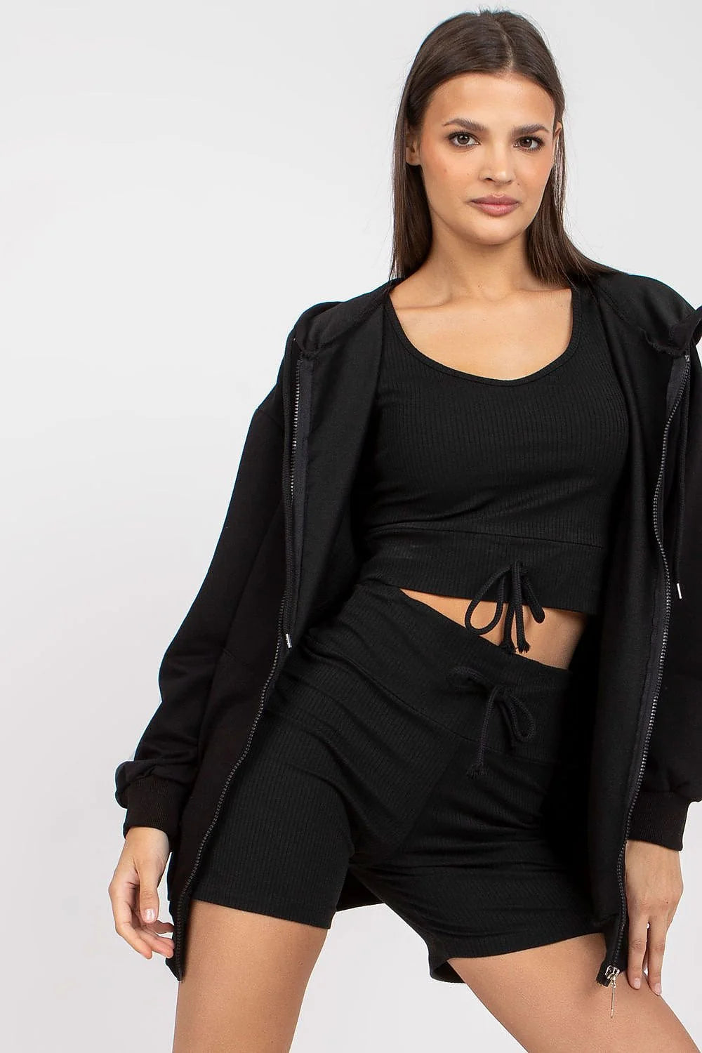 Ensemble casual femme veste capuche top crop short taille haute coton élasthanne polyester noir