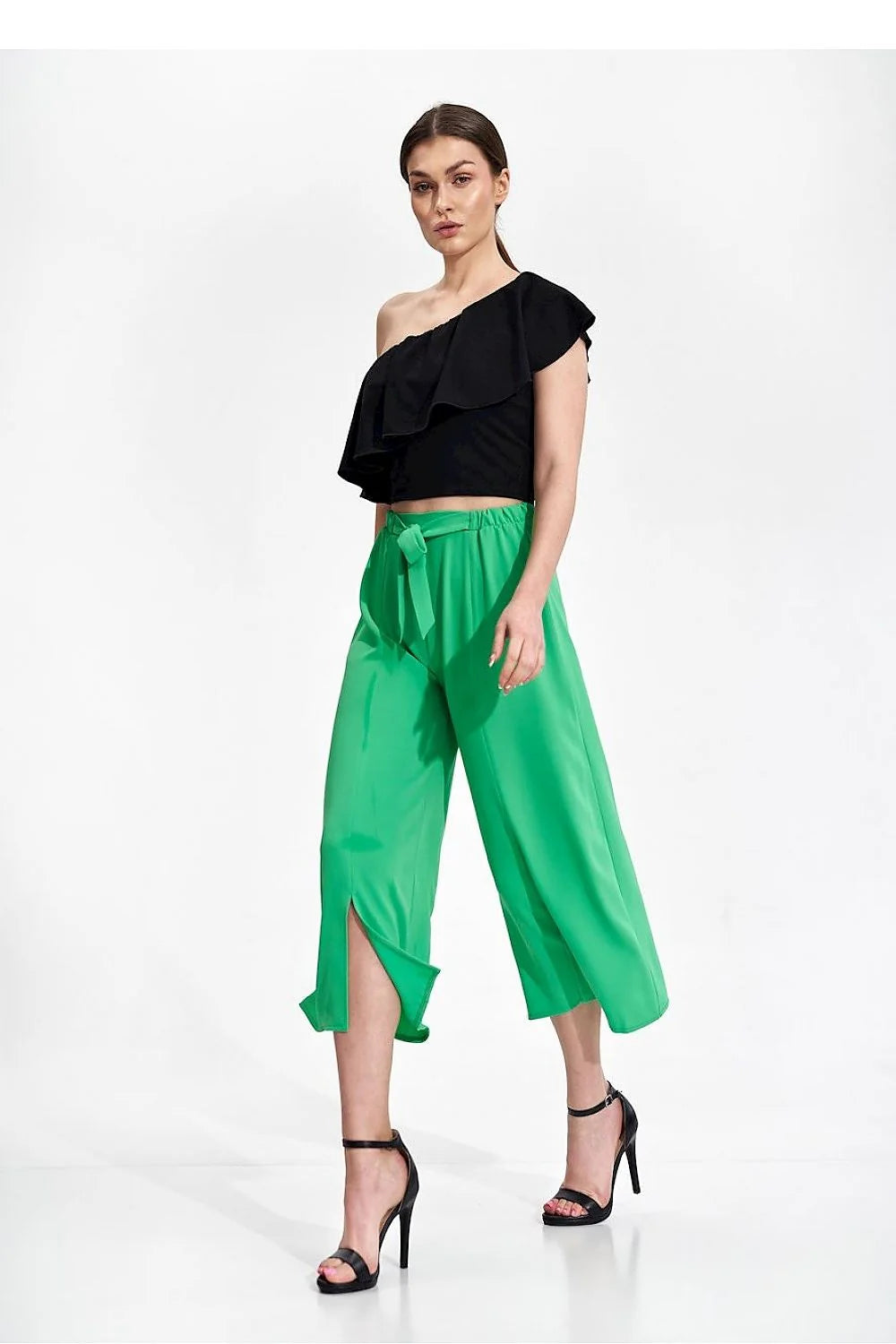 Pantalon femme Figl asymétrique culotte vert vif ceinture nouée coupe ample polyester 100% taille ajustable occasion élégante