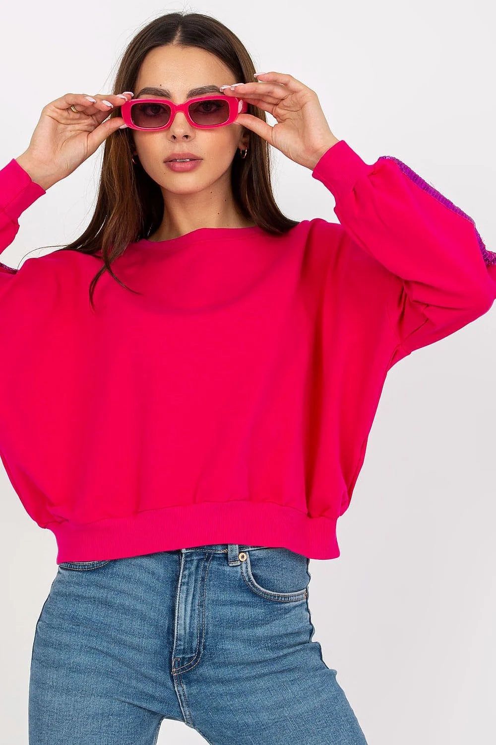 sweatshirt femme casual chic bleu marine manches longues col rond oversize bandes paillettes viscose élasthanne confort