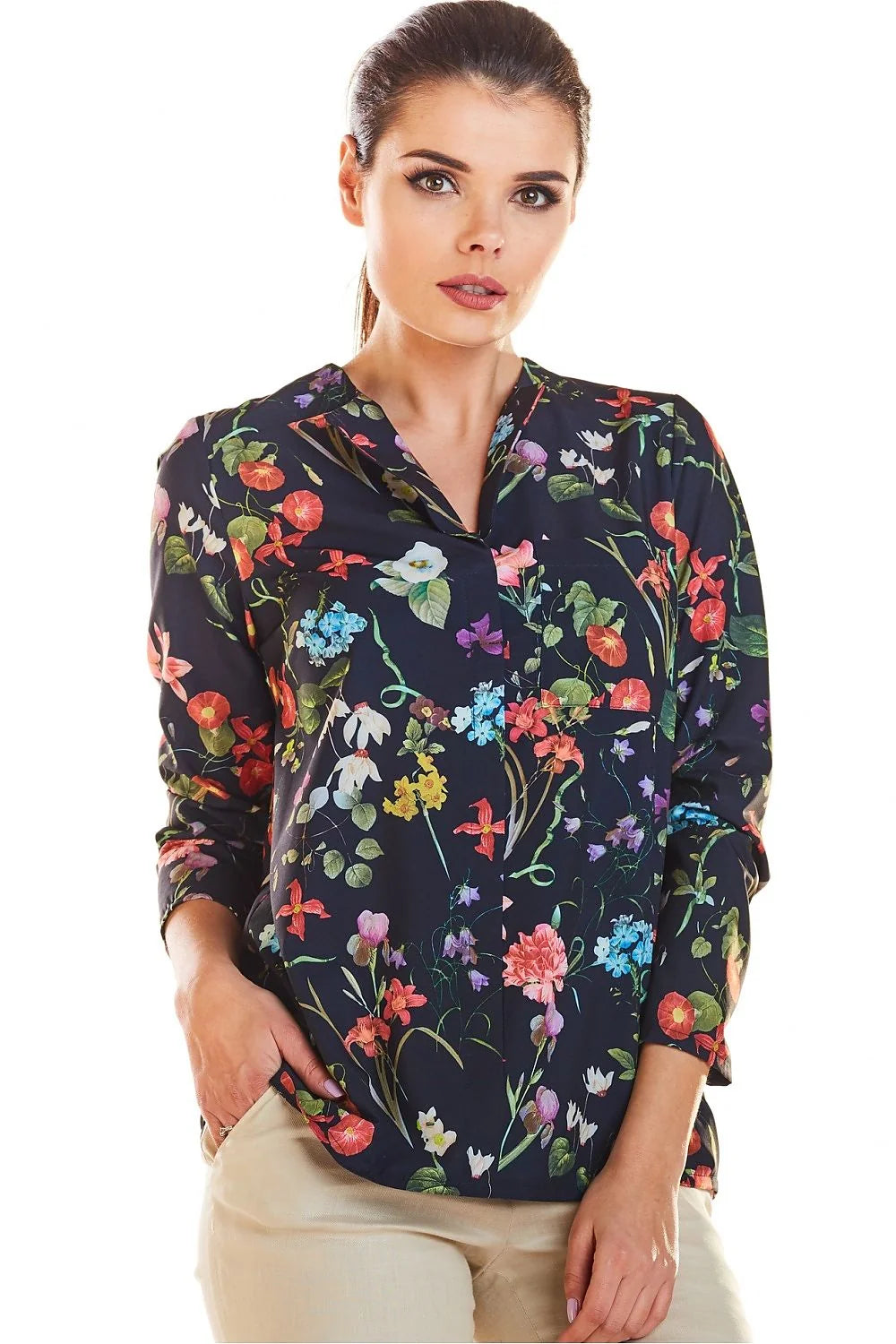 Blouse en polyester à imprimé floral coloré romantique et élégant pour femme, style casual chic